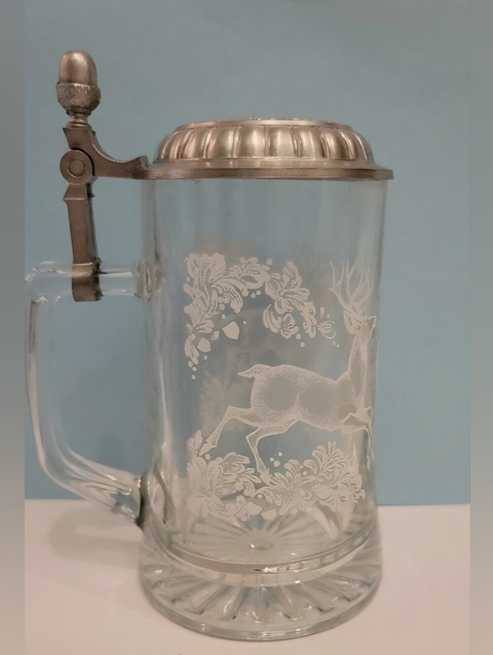 German Vintage Glass Beer Stein Pewter Lid- White Enameked Deer/ Stsg Motif